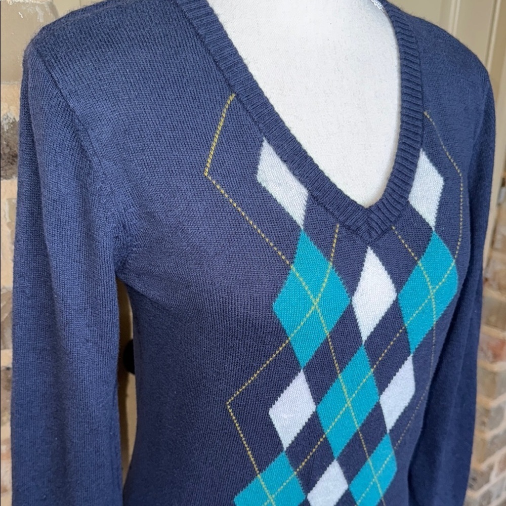 Navy Preppy Argyle Sweater Cotton Wool Angora Blend Ribbed Trim Academia Chic - Picture 3 of 10